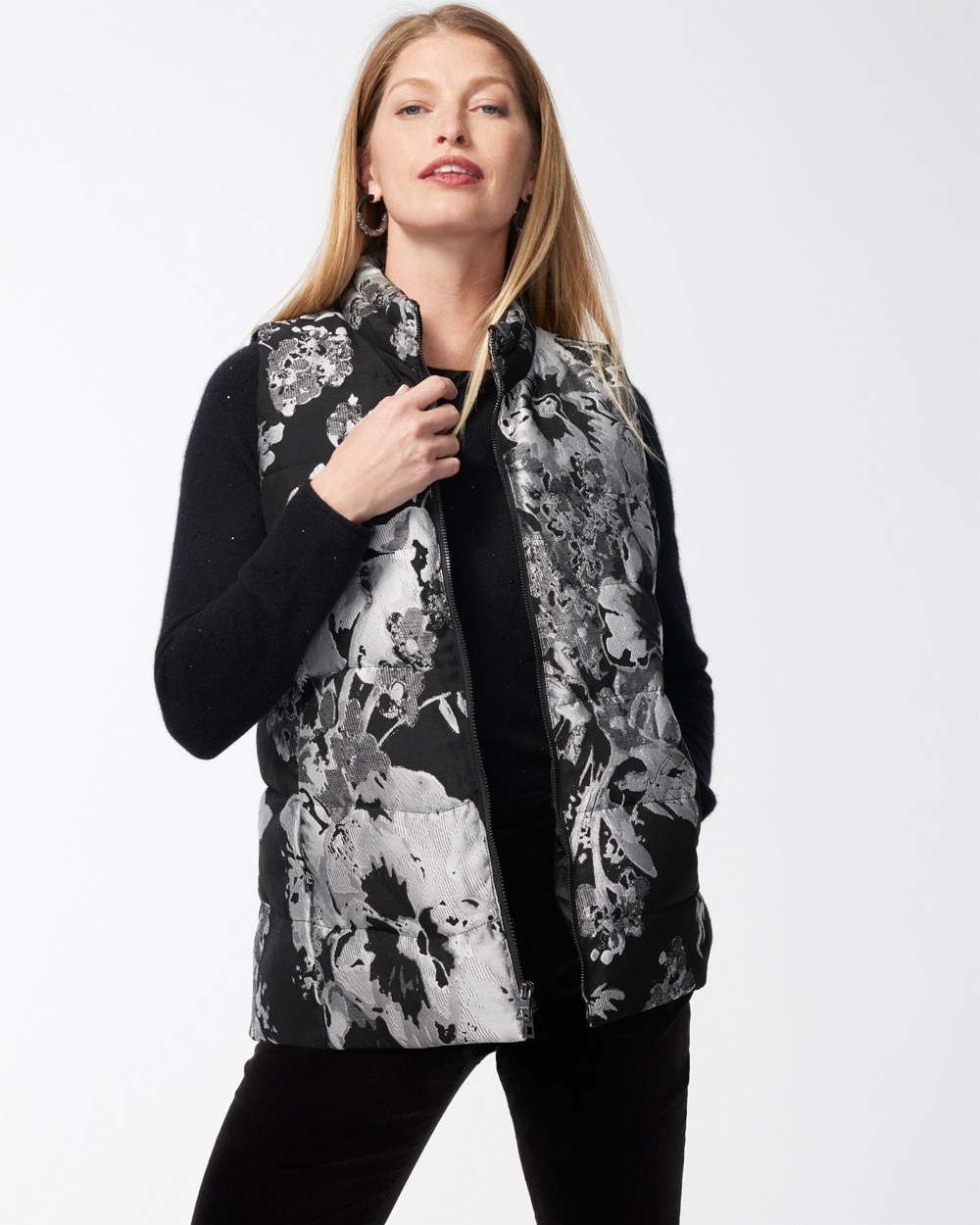 Chico's Jackets & Coats | Applique Jacquard Puffer Vest Black/Silver