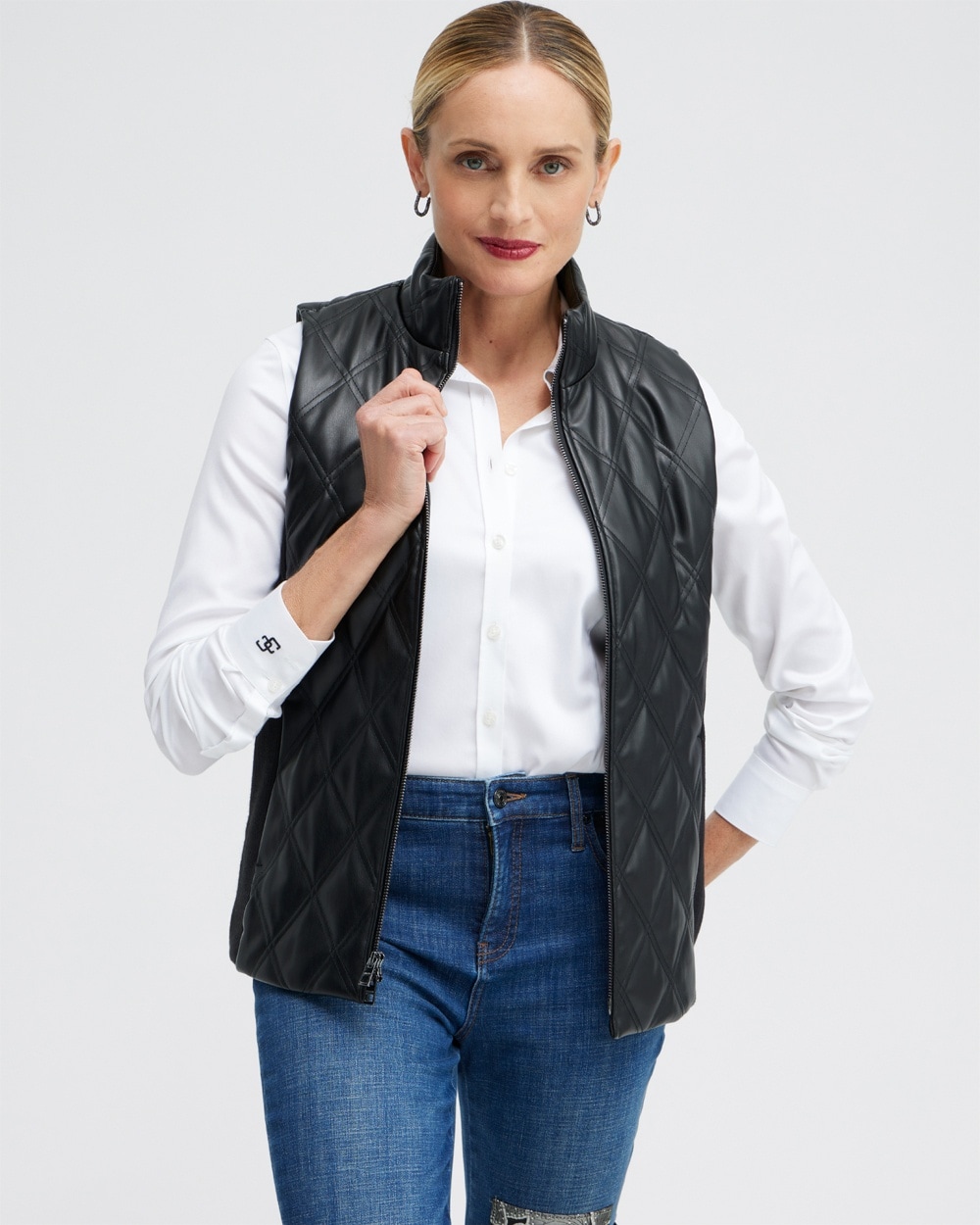 Chico's Jackets & Coats | Faux Leather Quilted Vest Black