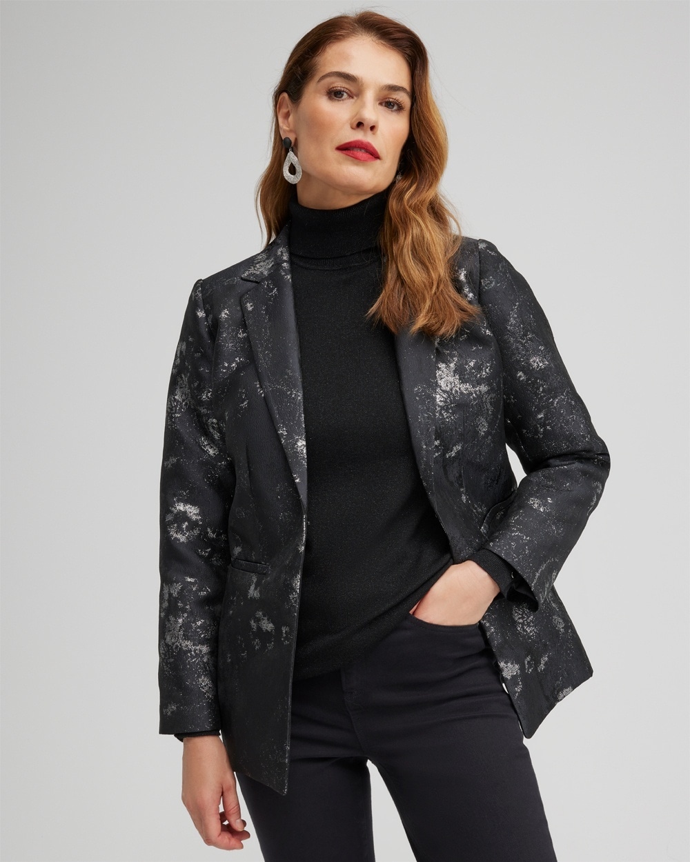 Chico's Jackets & Coats | Jacquard Blazer Black/Silver