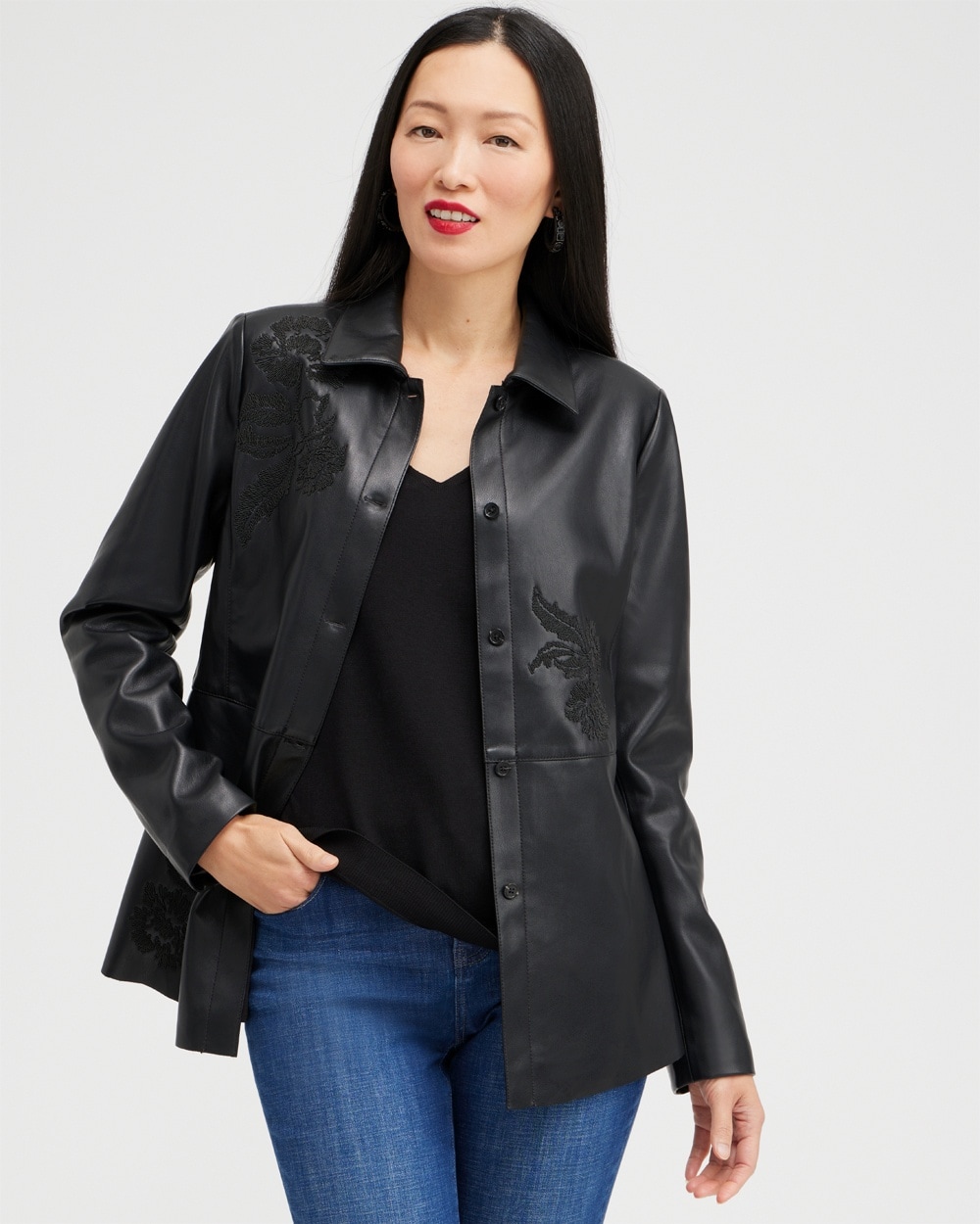 Chico's Jackets & Coats | Faux Leather Applique Shacket Black