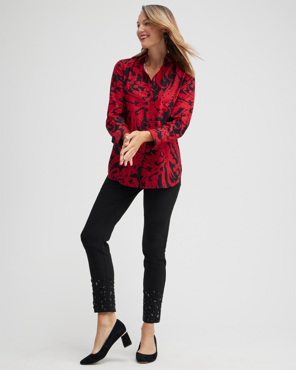 Chico's | No Iron Stretch Paisley Shirt Wild Poppy/Black