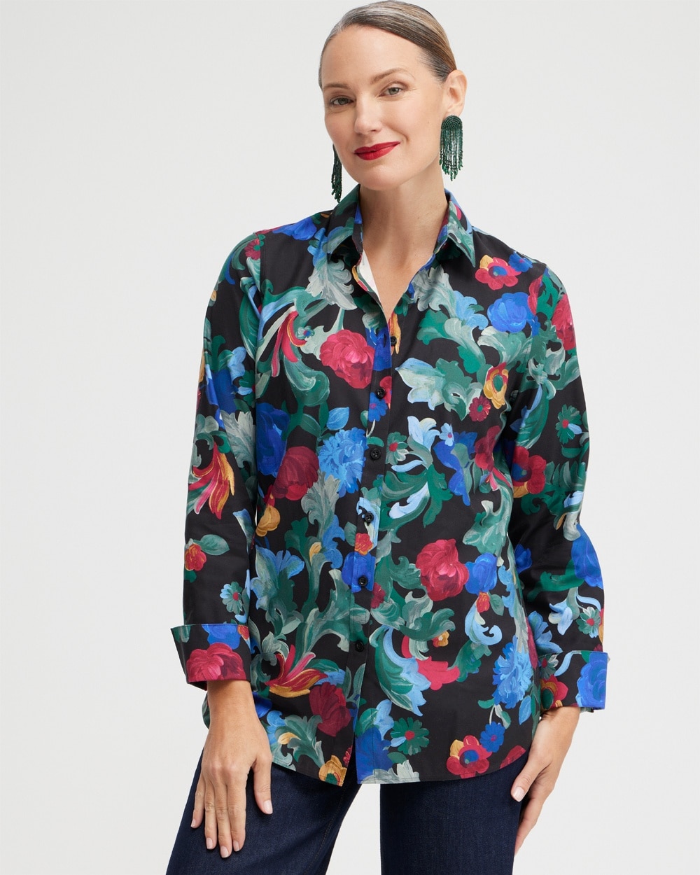 Chico's | No Iron Stretch Floral Print Shirt Enchanted Forest