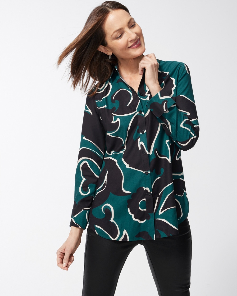 Chico's | No Iron Stretch Scroll Print Shirt Enchanted Forest