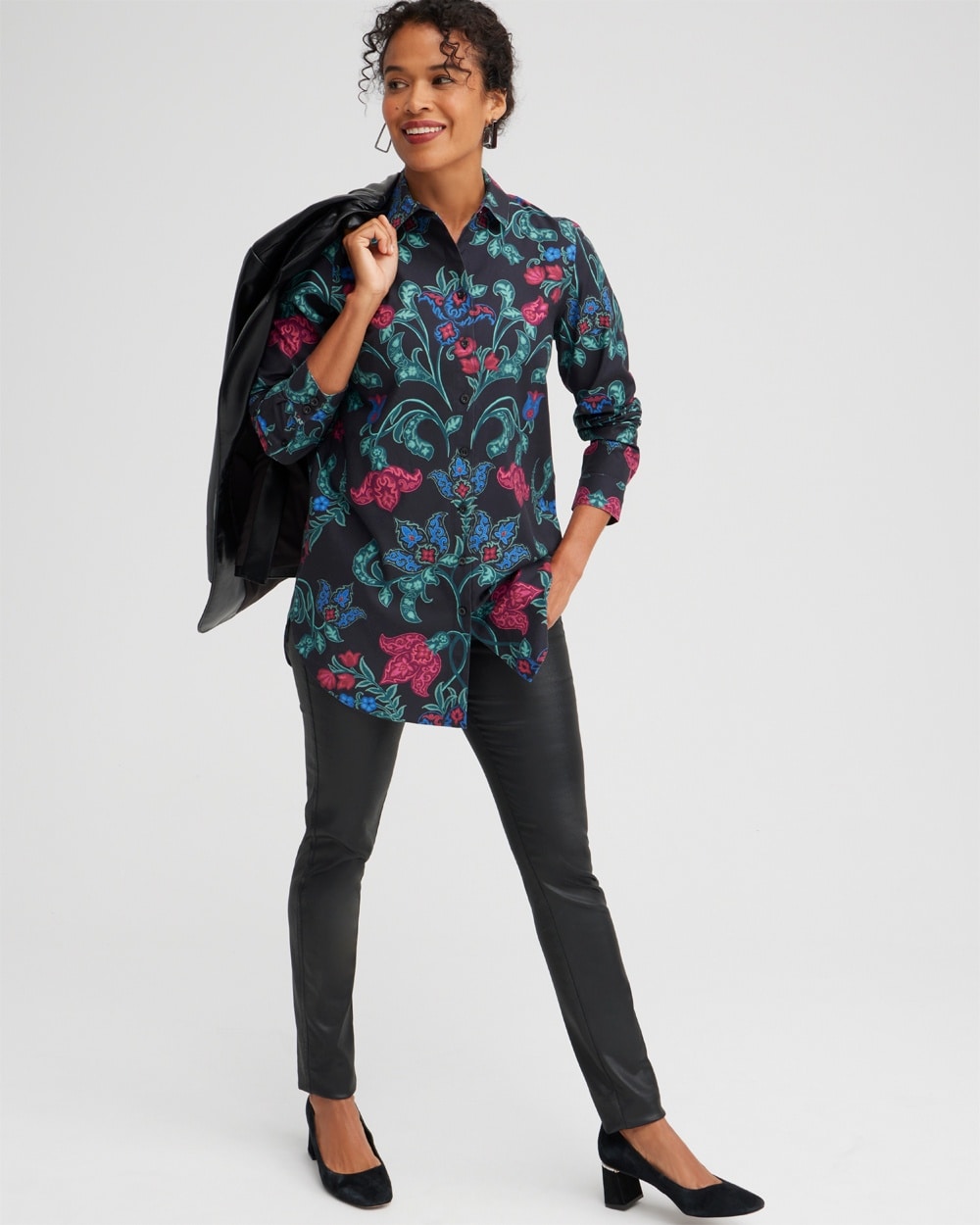 Chico's | No Iron Stretch Scroll Print Tunic Black