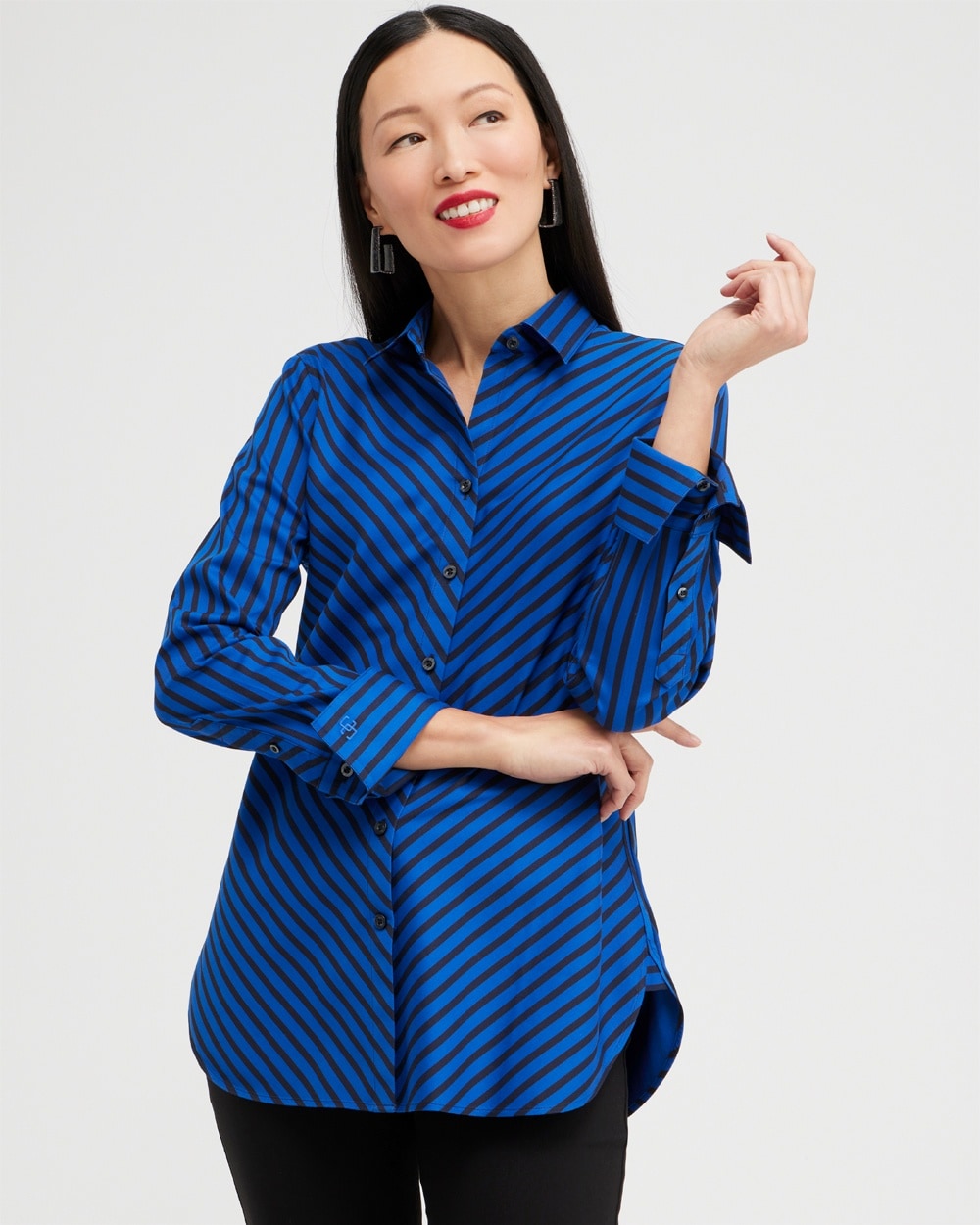 Chico's | No Iron Stretch Imperial Stripe Shirt Cosmic Cobalt