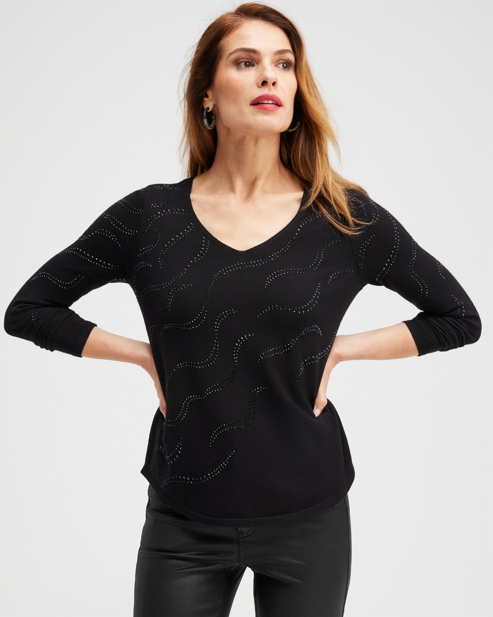 Chico's Sweaters | Embellished V-neck Pullover Sweater Black