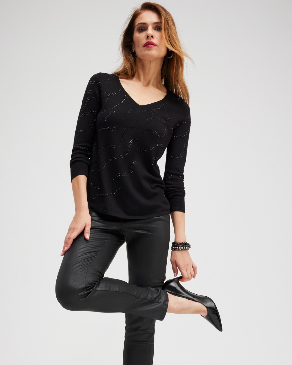 Chico's Sweaters | Embellished V-neck Pullover Sweater Black