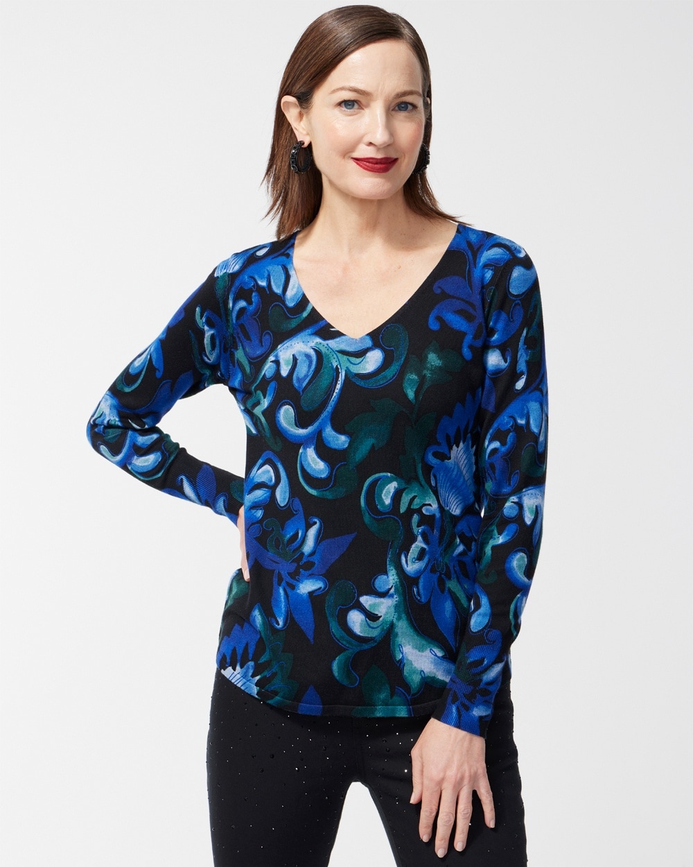 Chico's Sweaters | Blue Scrolls V-neck Pullover Sweater Enchanted Forest