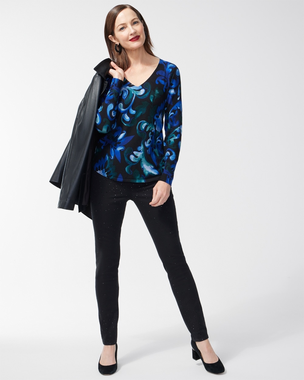 Chico's Sweaters | Blue Scrolls V-neck Pullover Sweater Enchanted Forest