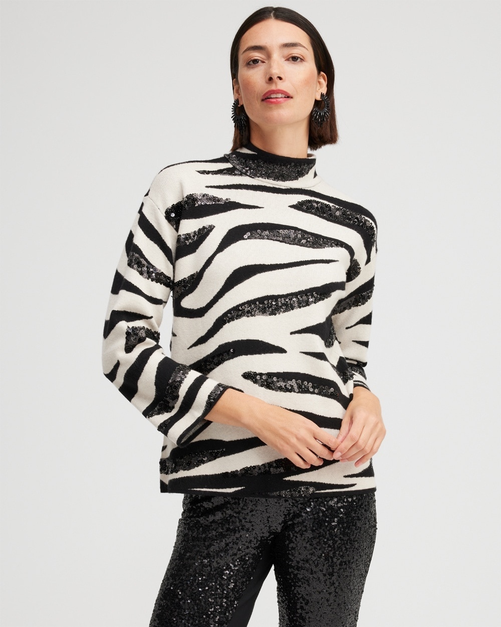 Chico's Sweaters | Zebra Print Sequin Pullover Sweater Black