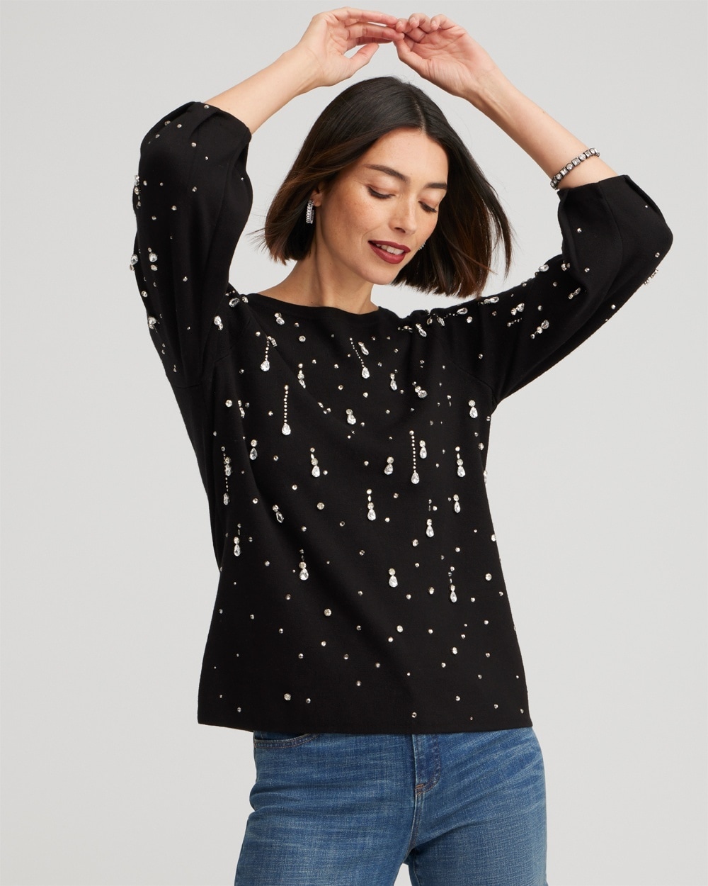 Chico's Sweaters | Drop Rhinestone Pullover Sweater Black