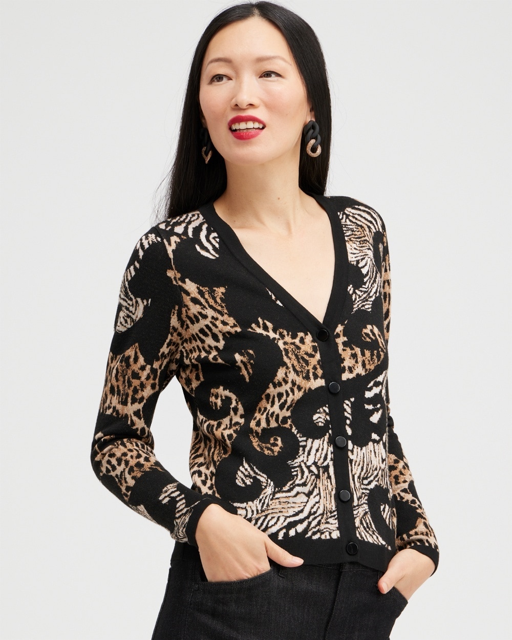 Chico's Sweaters | Jacquard Animal Print Cardigan Sweater Black