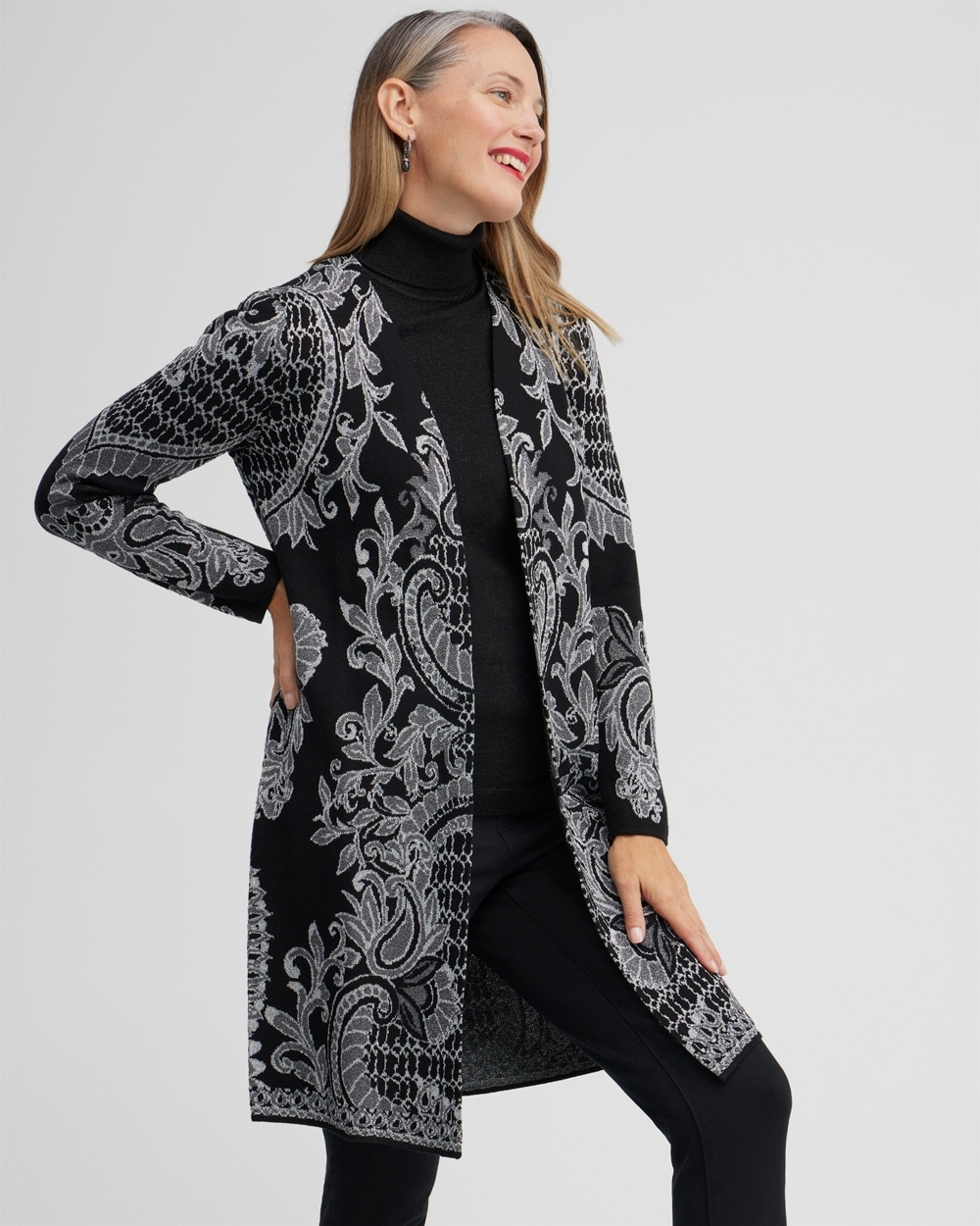 Chico's Sweaters | Paisley Lurex Cardigan Sweater Black