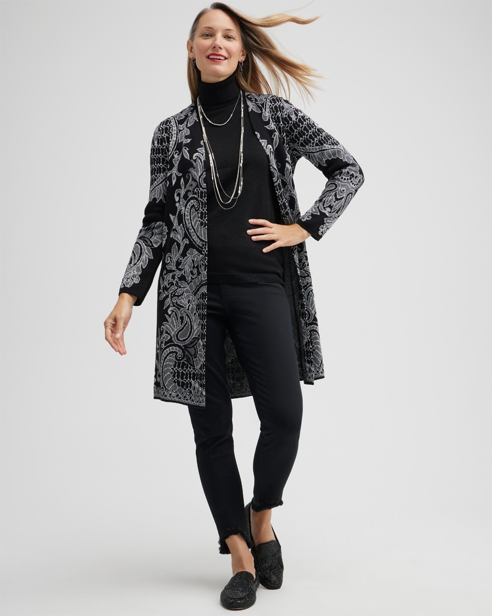 Chico's Sweaters | Paisley Lurex Cardigan Sweater Black