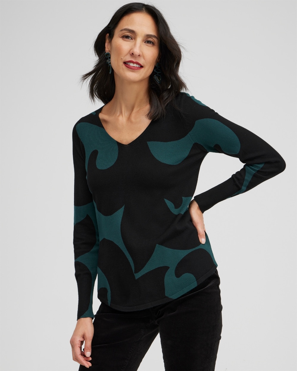 Chico's Sweaters | Green Scrolls V-neck Pullover Sweater Enchanted Forest