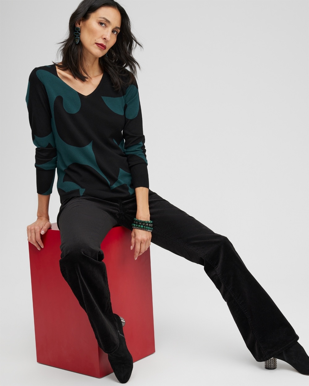 Chico's Sweaters | Green Scrolls V-neck Pullover Sweater Enchanted Forest