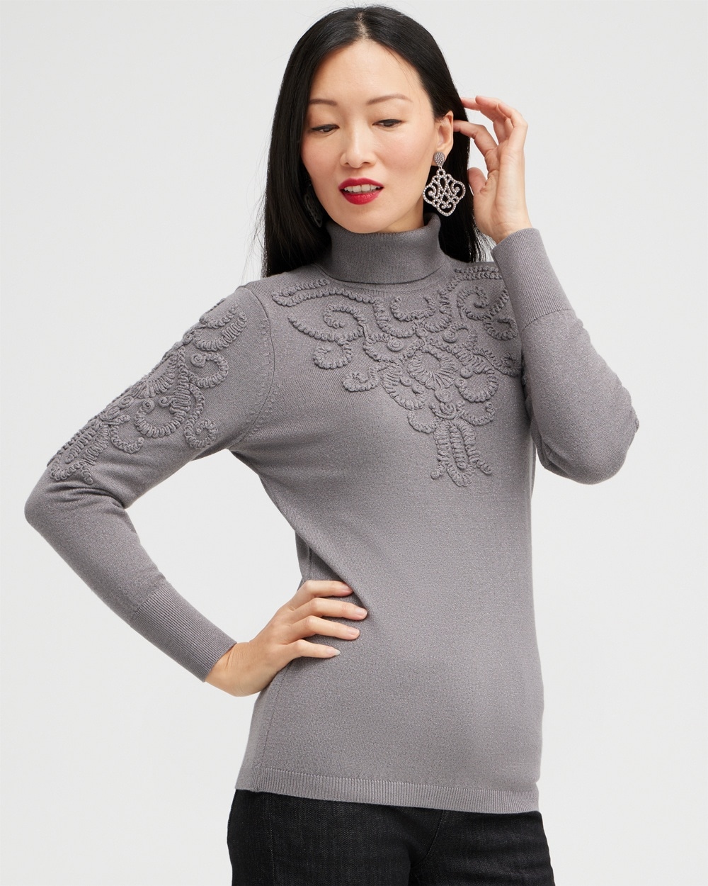 Chico's Sweaters | Silver Soutache Turtleneck Sweater Gray