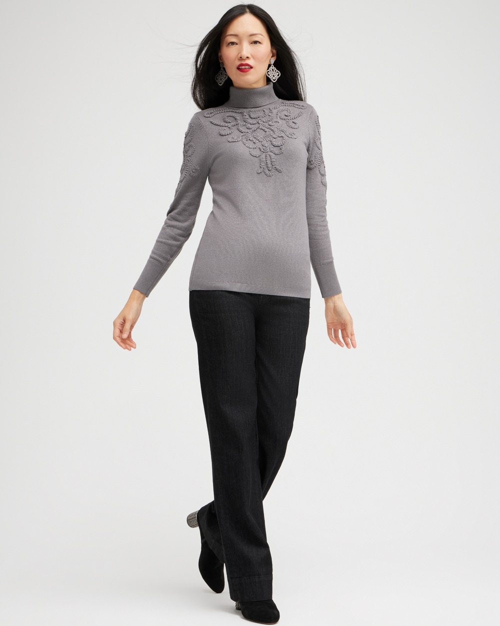 Chico's Sweaters | Silver Soutache Turtleneck Sweater Gray