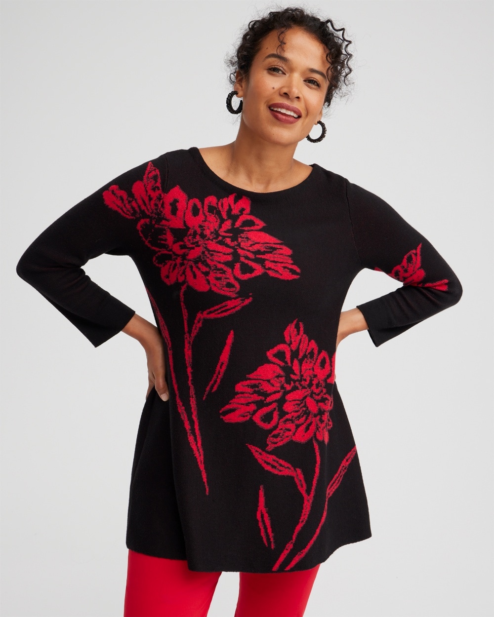 Chico's Sweaters | Red Floral Pullover Sweater Black