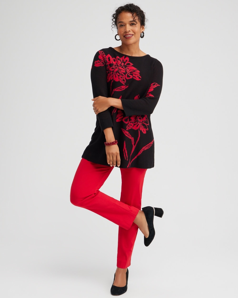 Chico's Sweaters | Red Floral Pullover Sweater Black