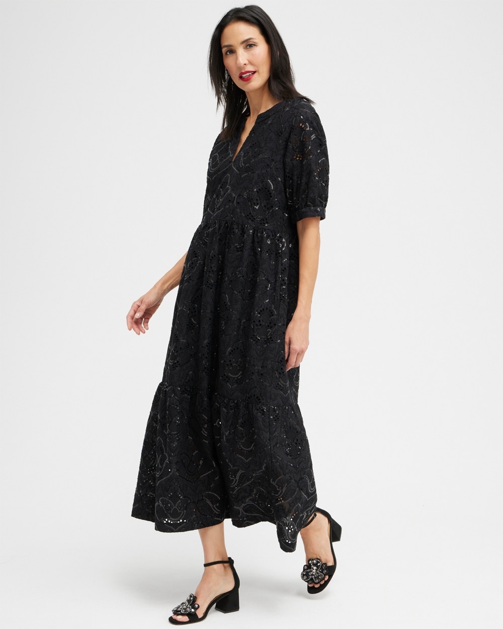 Chico's Dresses & Skirts | Sequin Eyelets Tiered Dress Black