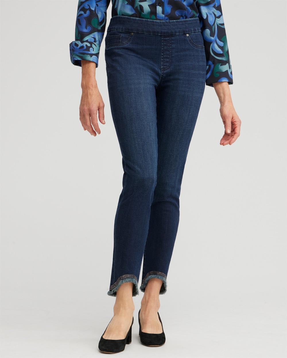 Chico's Jeans & Denim | Embellished Tulip Hem Pull-on Jeggings Rainier Rinse Indigo