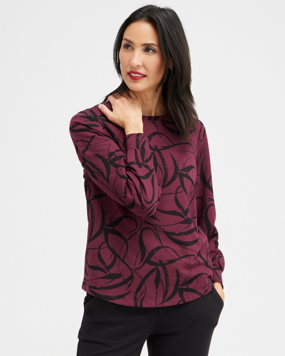 Chico's Sweaters | Zenergy Ribbon Print Sweatshirt Deep Merlot