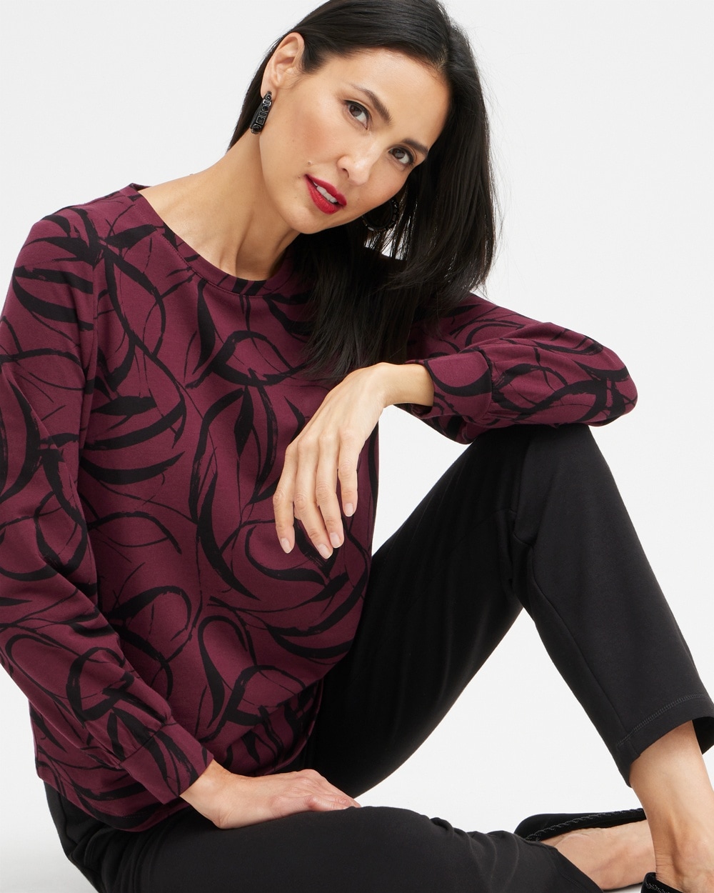 Chico's Sweaters | Zenergy Ribbon Print Sweatshirt Deep Merlot