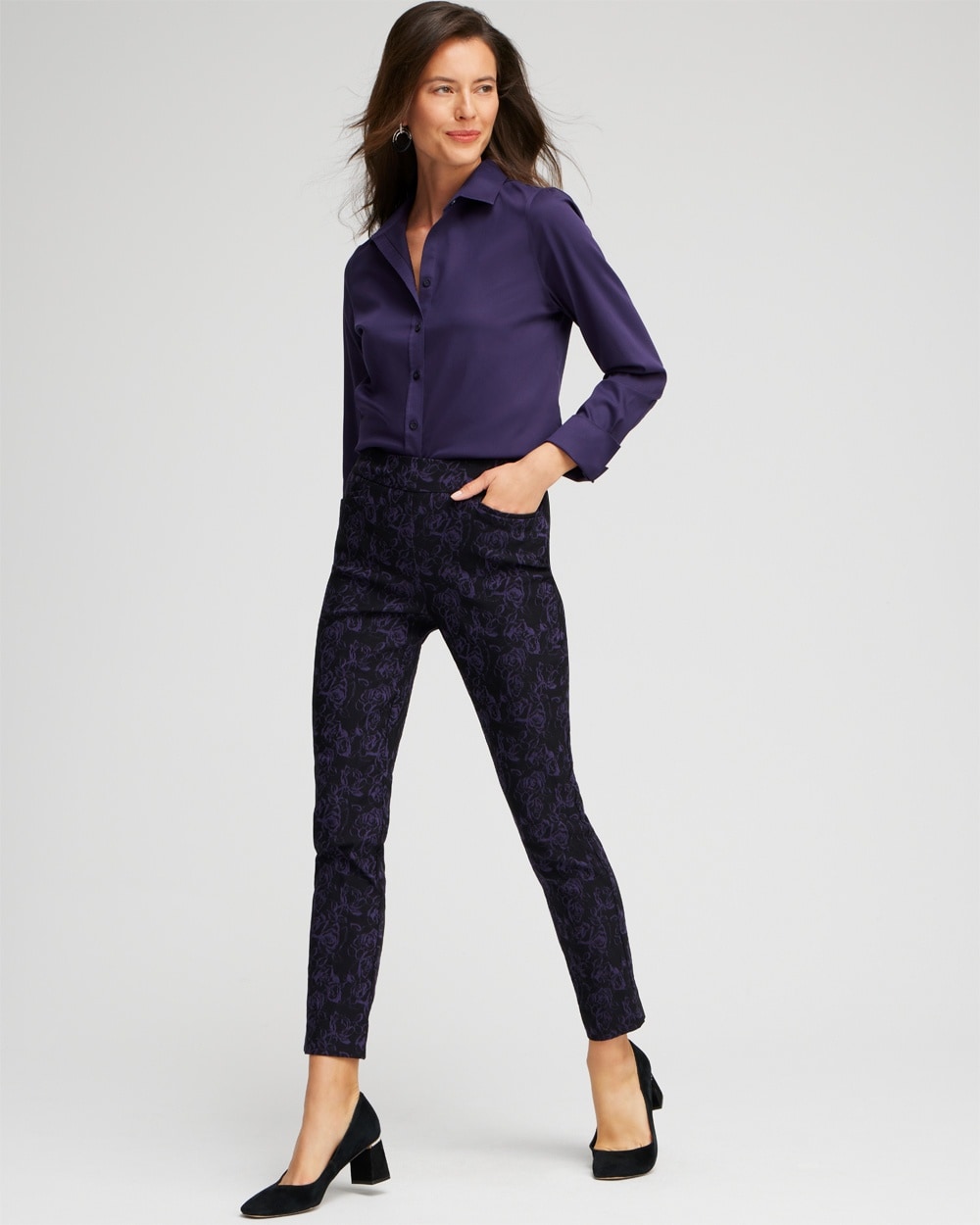 Chico's Travelers | Petite Brigitte Floral Ankle Pants Black And Purple