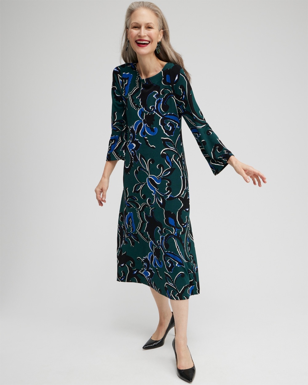 Chico's Dresses & Skirts | Travelers Floral Bell Sleeve Dress Enchanted Forest