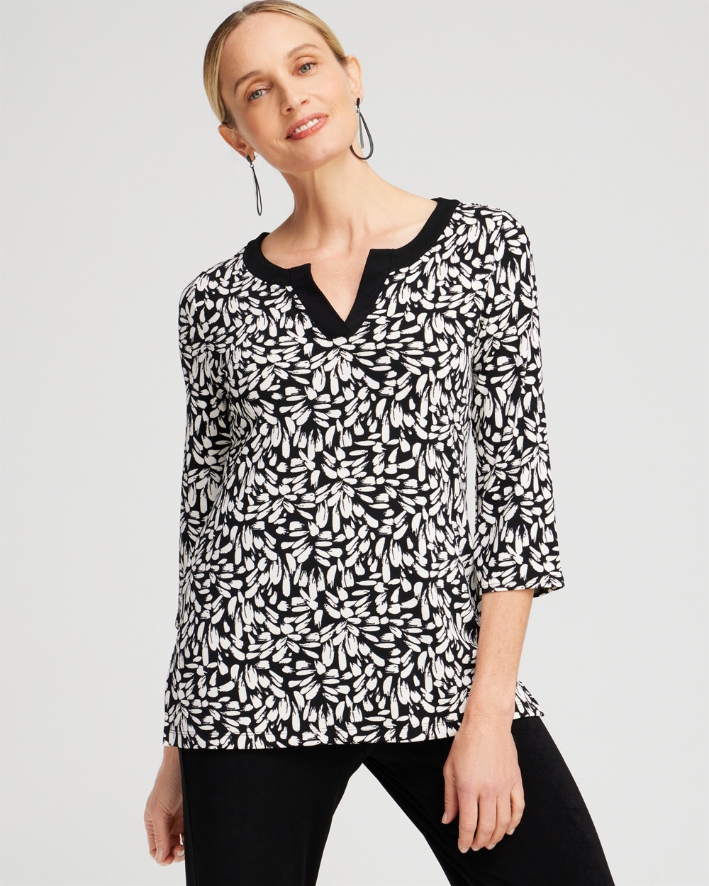 Chico's | Travelers™ Print Split Neck Top Black/Ecru