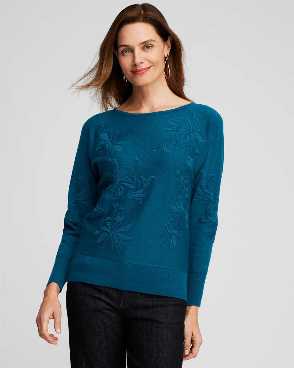 Chico's Sweaters | Blue Textured Floral Pullover Sweater Moonlit Teal