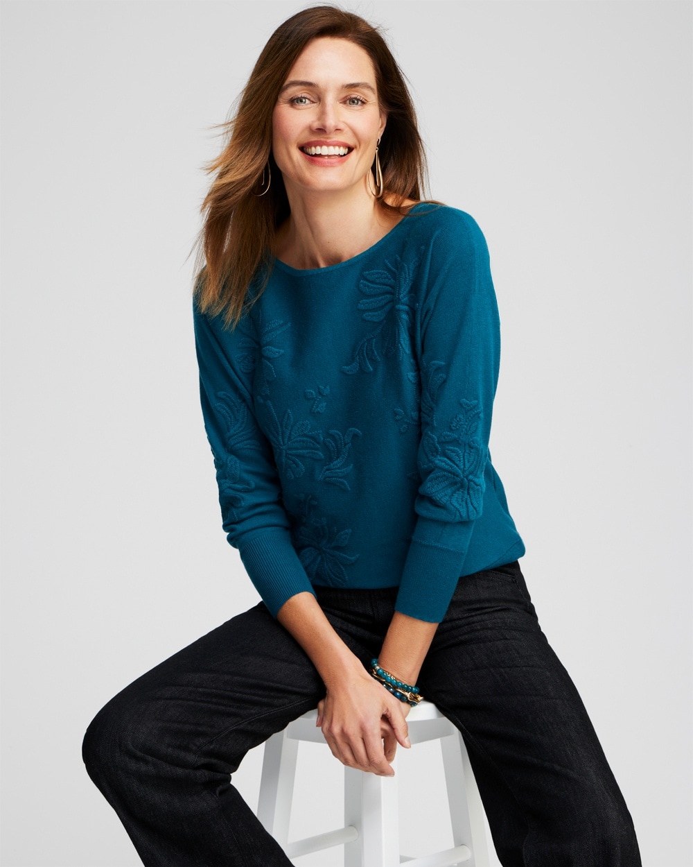 Chico's Sweaters | Blue Textured Floral Pullover Sweater Moonlit Teal