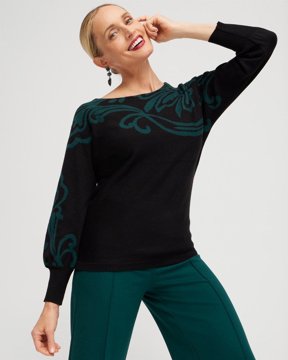 Chico's Sweaters | Green Print Pullover Sweater Enchanted Forest