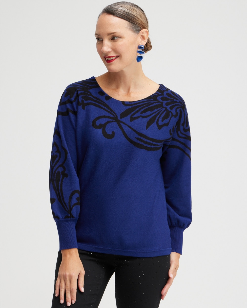 Chico's Sweaters | Blue Print Pullover Sweater Cobalt Night