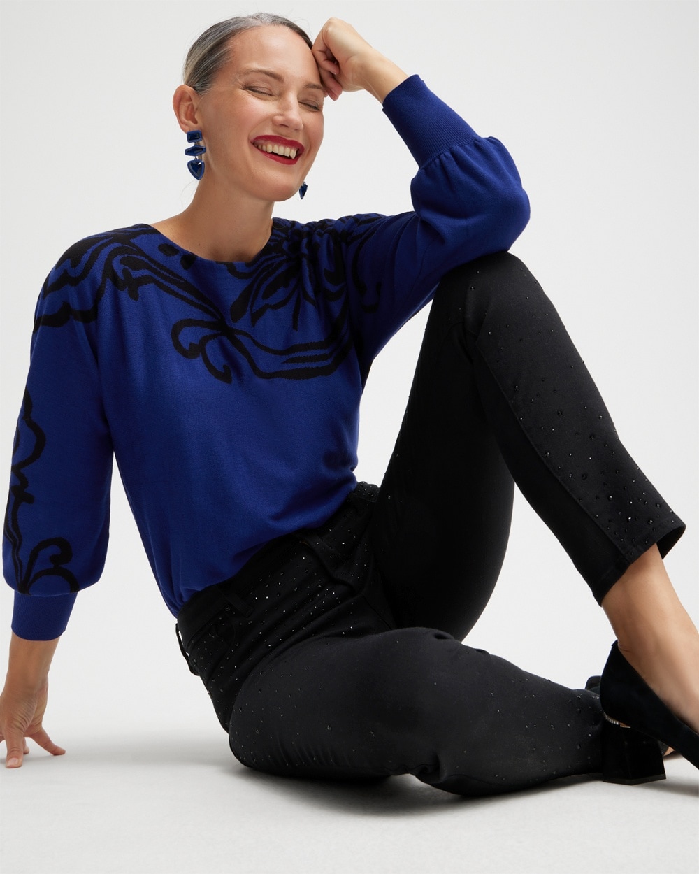 Chico's Sweaters | Blue Print Pullover Sweater Cobalt Night