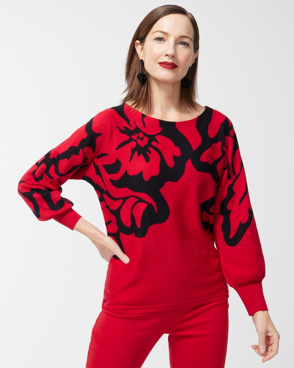 Chico's Sweaters | Red Print Pullover Sweater Wild Poppy