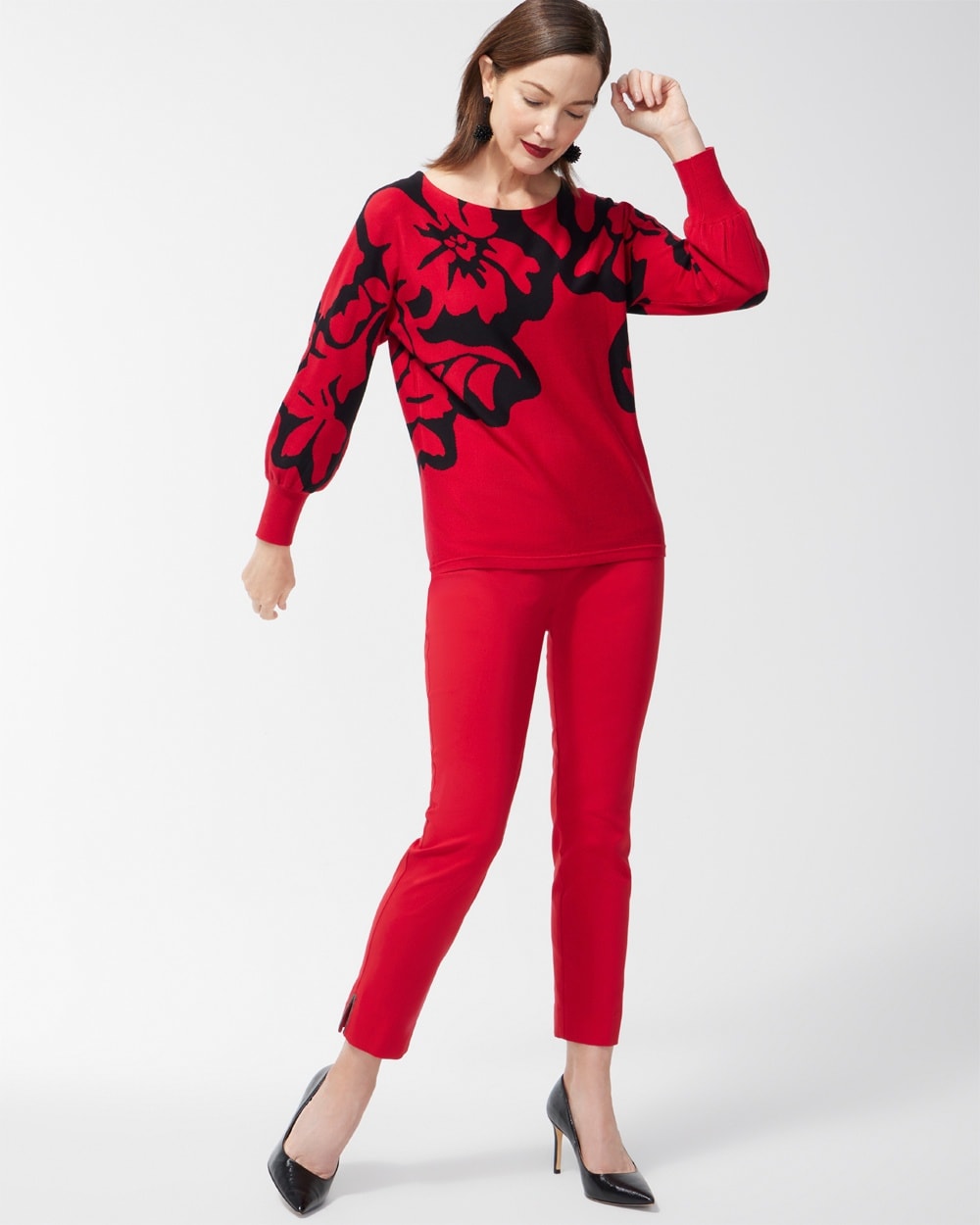 Chico's Sweaters | Red Print Pullover Sweater Wild Poppy