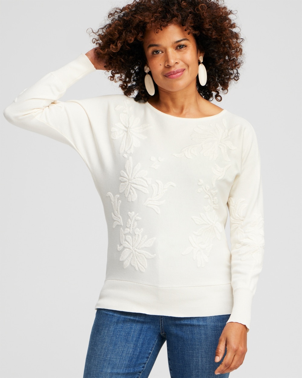 Chico's Sweaters | Neutral Textured Floral Pullover Sweater English Cream