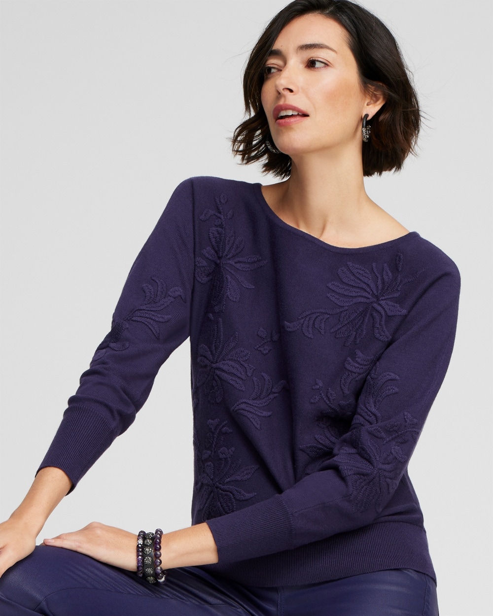 Chico's Sweaters | Purple Textured Floral Pullover Sweater Dewberry