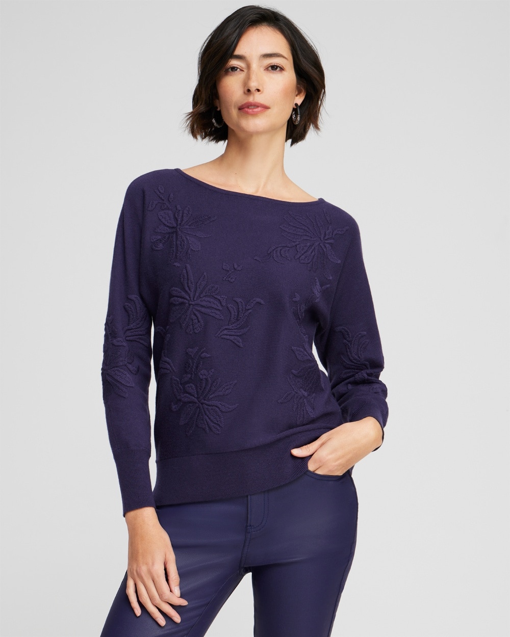 Chico's Sweaters | Purple Textured Floral Pullover Sweater Dewberry