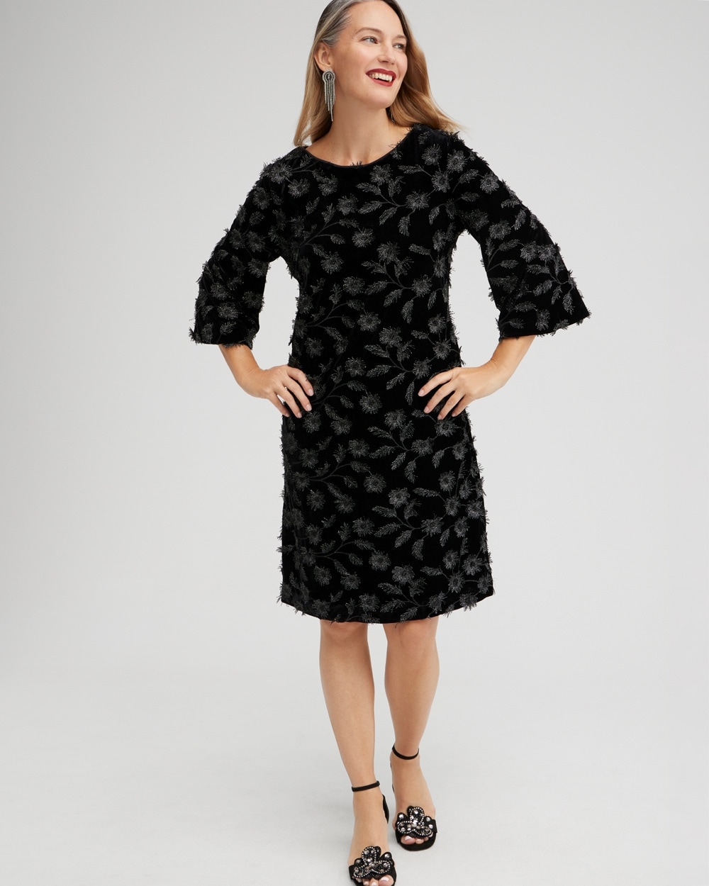 Chico's Dresses & Skirts | Velvet Applique Bell Sleeve Dress Black