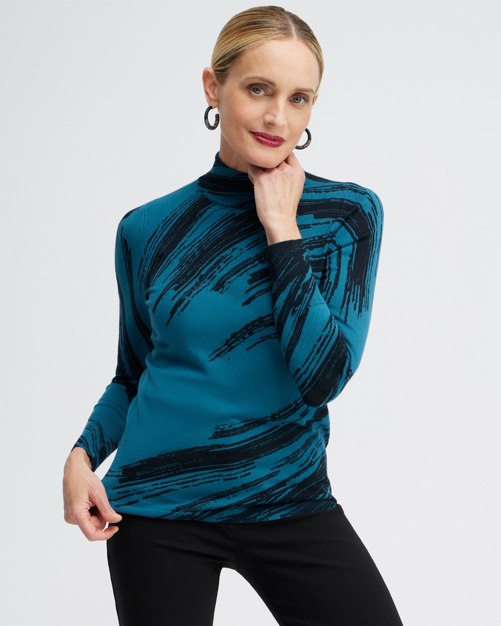 Chico's Sweaters | Abstract Print Turtleneck Sweater Moonlit Teal