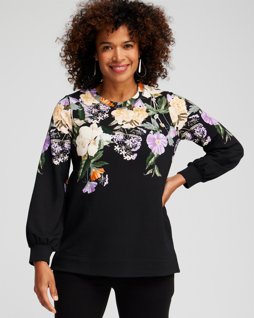 Chico's Activewear | Zenergy® French Terry Floral Sweatshirt Black