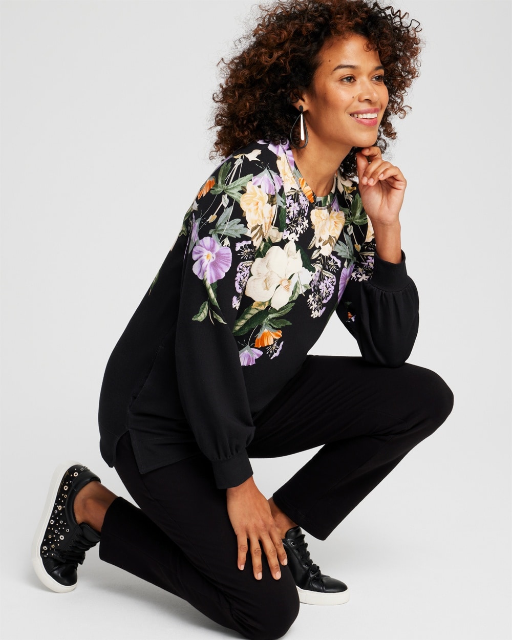 Chico's Activewear | Zenergy® French Terry Floral Sweatshirt Black