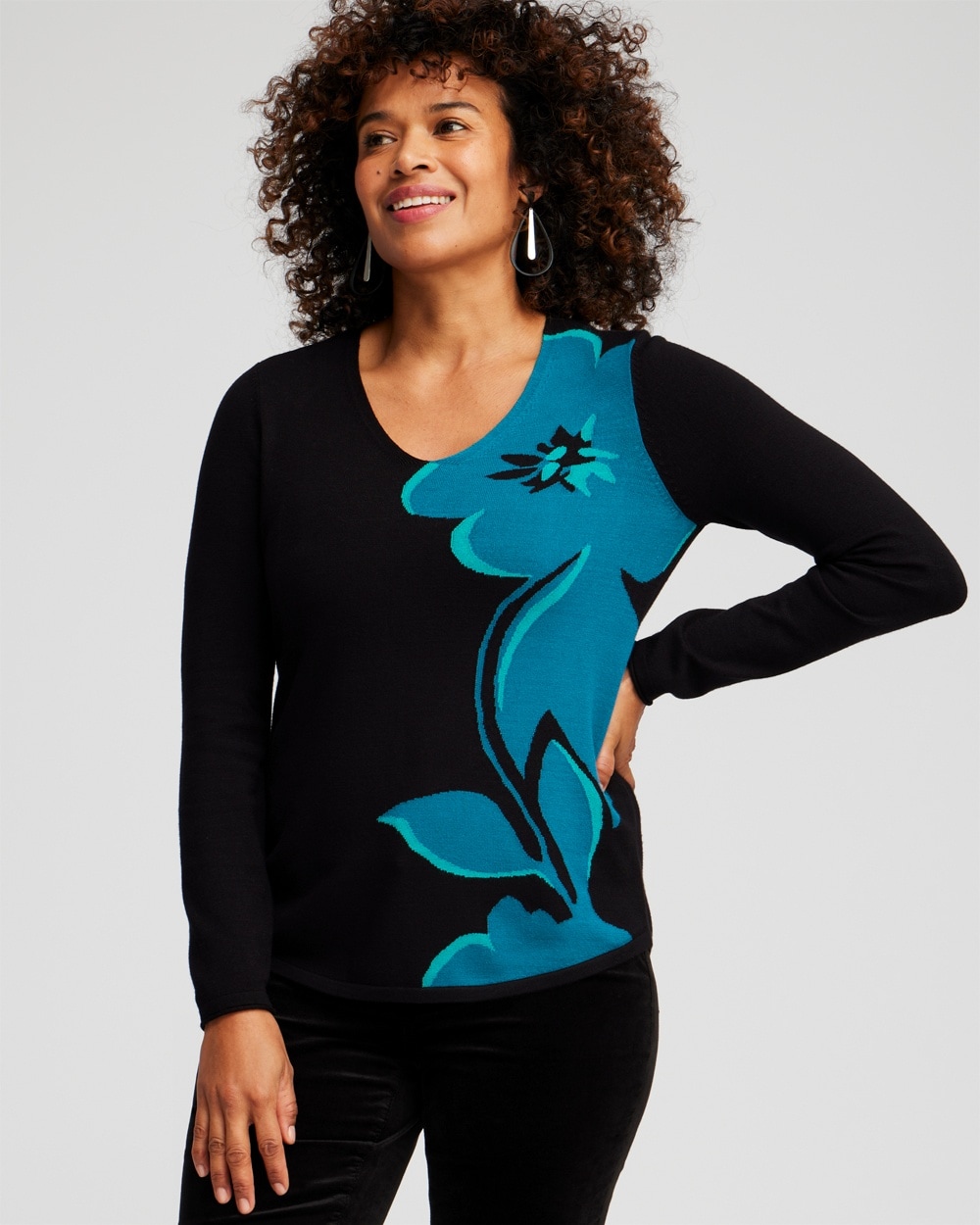 Chico's Sweaters | Spun Rayon Colorblock V-neck Pullover Sweater Moonlit Teal