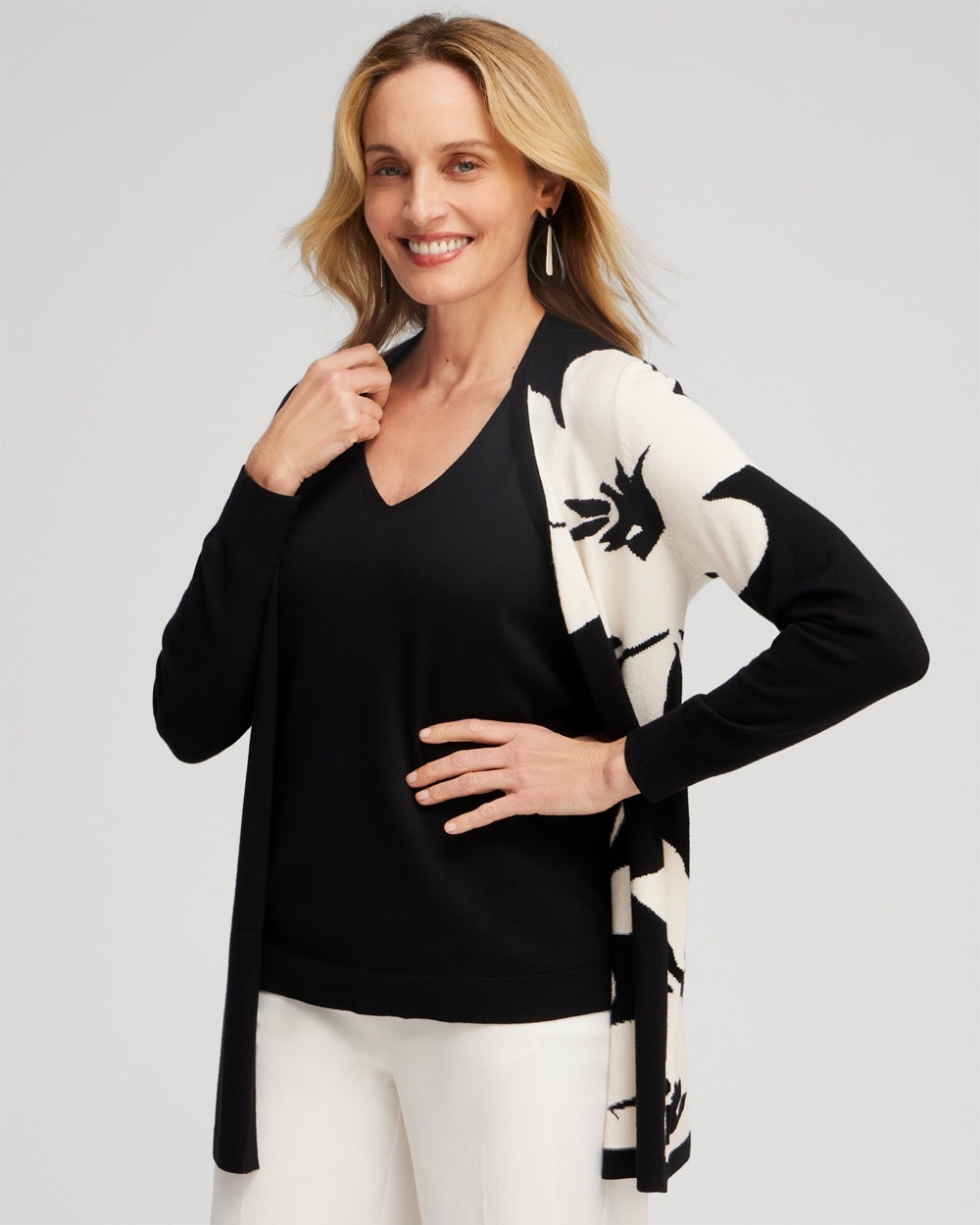 Chico's Sweaters | Spun Rayon Floral Cardigan Black