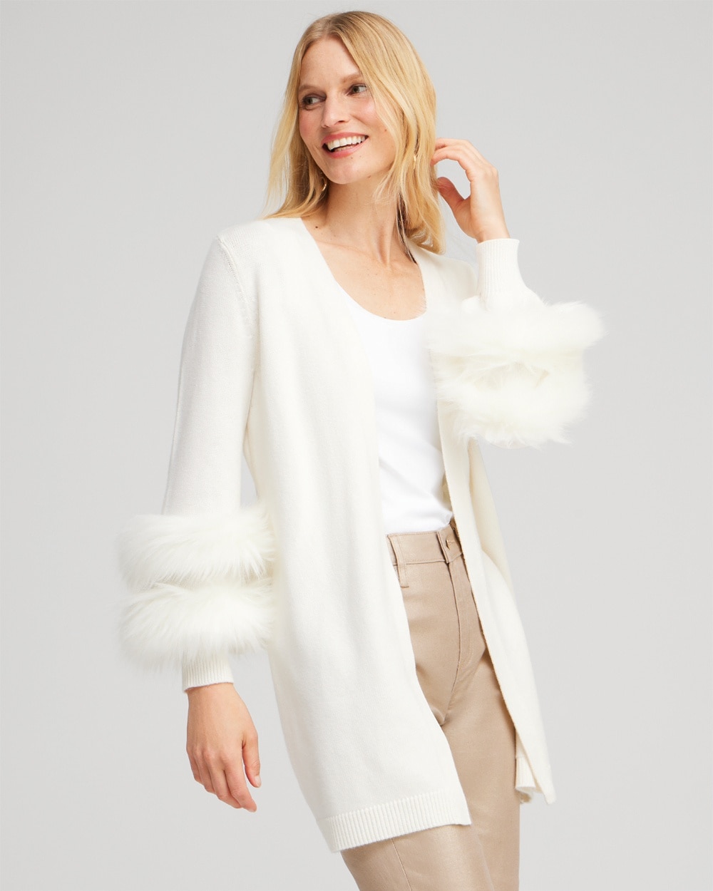 Chico's Sweaters | Faux Fur Trim Cardigan Ecru