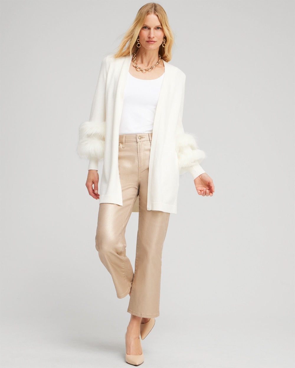 Chico's Sweaters | Faux Fur Trim Cardigan Ecru