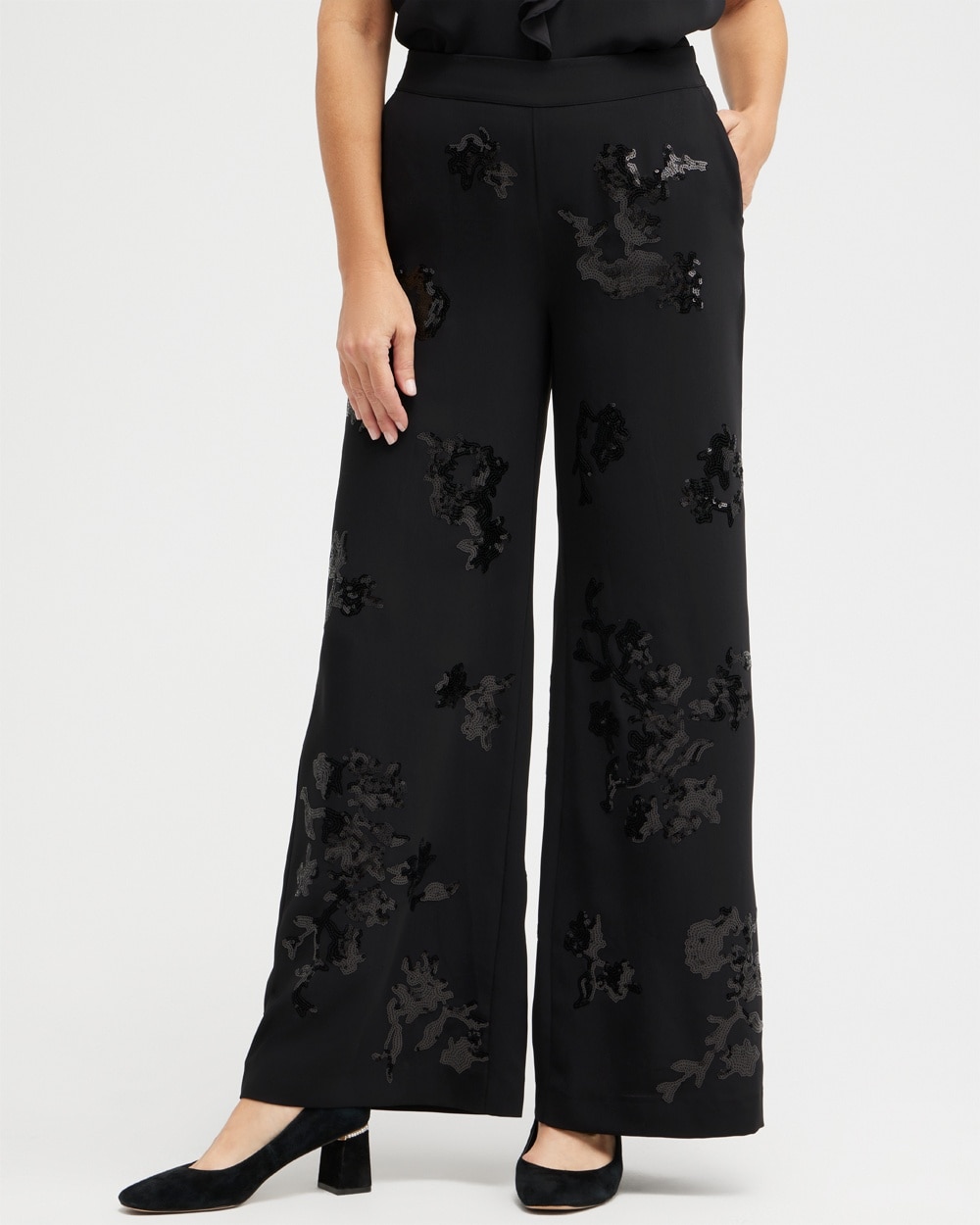 Chico's Pants | Floral Sequin Wide Leg Pants Black